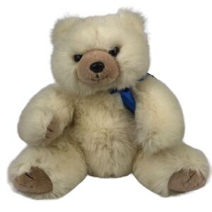 Vintage TY White Teddy Bear Plush 12'' Cream Stuffed Animal Blue Ribbon Korea